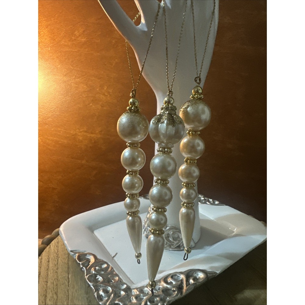 Faux Pearl Glass Bead Ornaments Finial Assorted 6"L Gold Accents (3)
